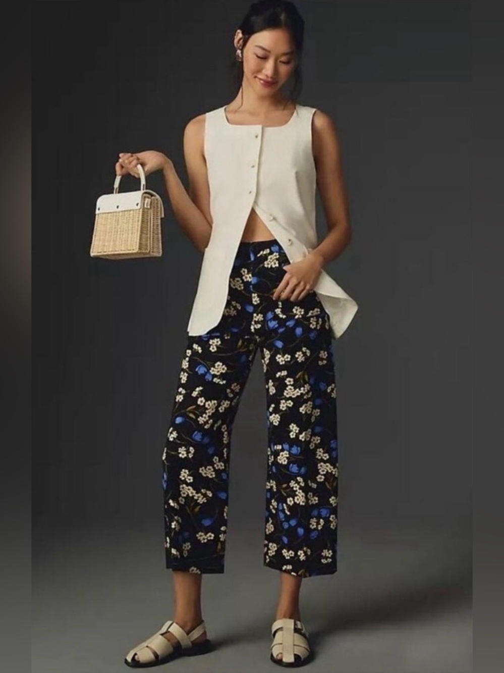 MAEVE The Colette Ponte Wide Leg Cropped Pants Floral Blue Black 24P